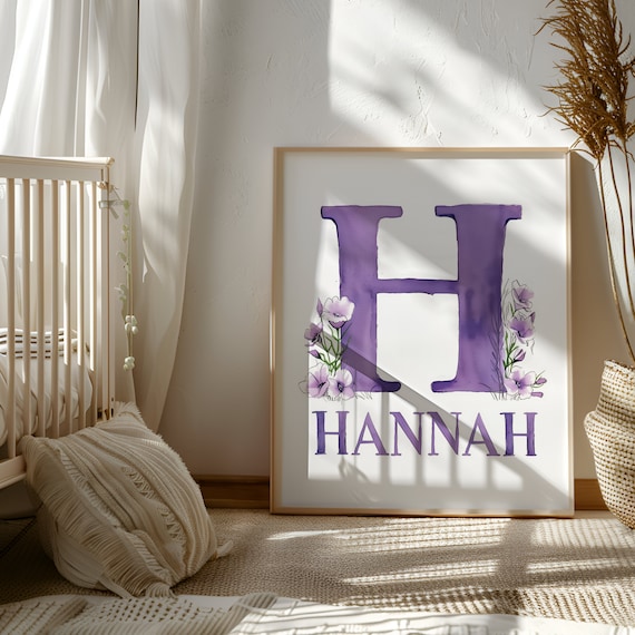 Custom Purple Flowers Wall Art | Name Sign for Nursery Girl | Baby Girl Wall Decor | Initial Print Nursery | Gift for Granddaughter