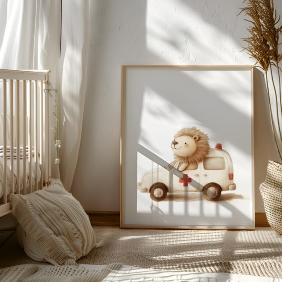 Lion in Ambulance Art - Ambulance Digital Art - Emergency Vehicle Poster - Cute Lion Poster - Doctor Theme Kids Room - Doctor Child Wall Art