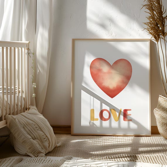 Baby Girl Nursery Decor, Red Watercolor Heart Print, Girls Room Decor, Heart Wall Art, Blush Painting Heart, Gift for Her, Digital Download