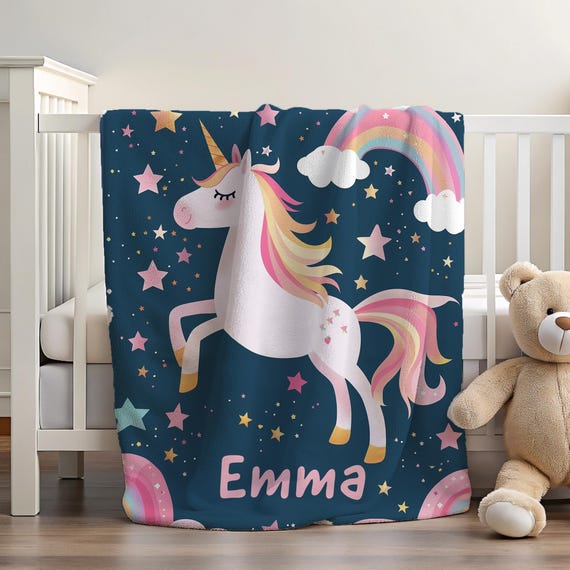 Personalized Unicorn Blanket for Kids, Custom Name Nursery Fleece for Newborn, Monogram Name Christmas Gift, Birthday for Daughter