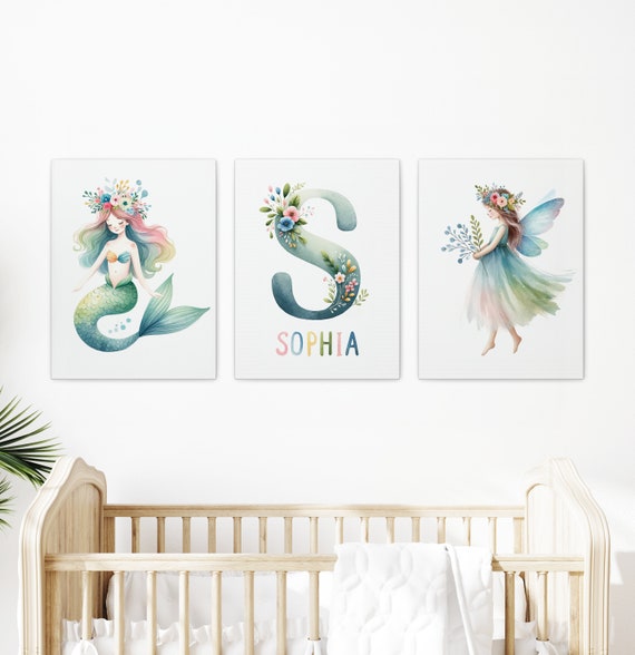 Canvas for Girls Room | Framed Mermaid Print | Framed Fairy | Framed Name Sign | Framed Canvas Art | Set of 3 Wall Art | Hangable Sign