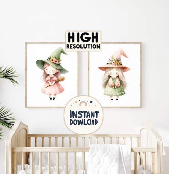 Cute Little Witches Nursery Print Set - Fairy Tale Decor Posters for Babies and Kid Rooms - Wall Art Printable Download - 2 Printable Set