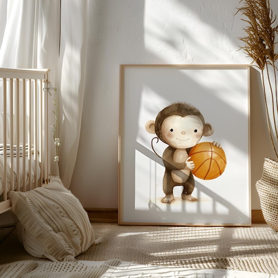 Monkey Holding Basketball - Monkey Wall Art - Basketball Nursery Art - Kids Room Decor - Monkey Playing Sports - Basketball Theme Gift Baby