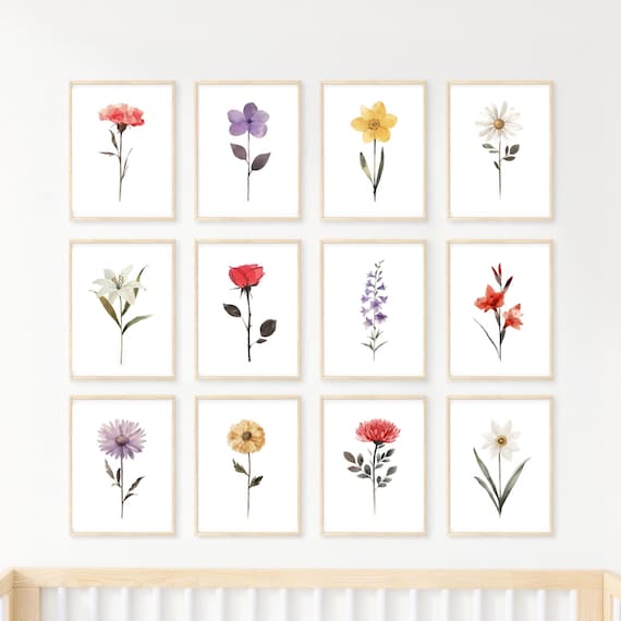 Birth Month Flower Wall Art Floral Decor Carnation Violet Daffodil Daisy Lily Rose Larkspur Gladiolus Aster Marigold Chrysanthemum Narcissus