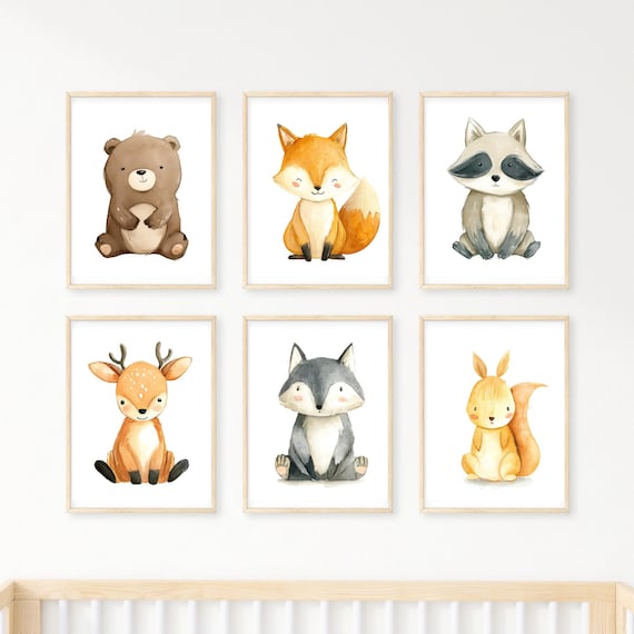 Woodlands Nursery Prints - Forest Animal Digital Download Set of 6 - Bear, Fox, Raccoon, Deer, Wolf, Squirrel, Kids Room Decor