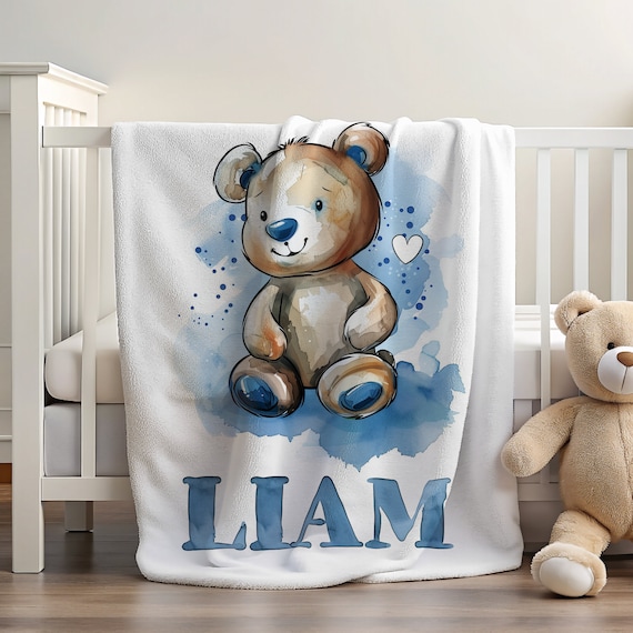 Personalized Bear Blanket | Blanket with Name | Bear Blanket | Custom Kids Blanket | Kids Blanket Name | Blanket with Animals | Blue Blanket