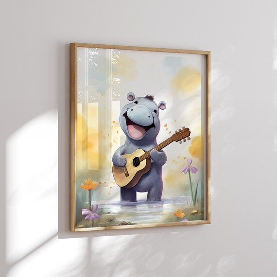 Hippo Playing Guitar - Happy Animal Printable for Kids Room - Cute Gift for Babies and Kids who Love Music