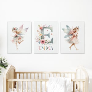 Framed Fairy Set of 3 Wall Art Girls Room Name Sign for Nursery Personalized Baby Gifts for Toddler Girl Fairies with Wings Fairy Wall Decor