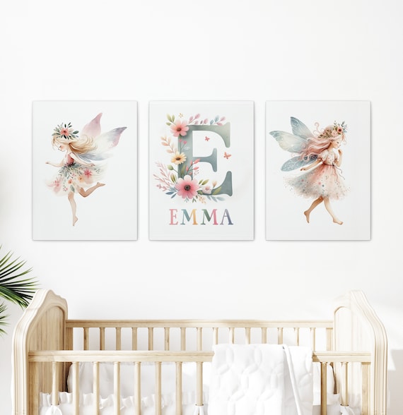 Framed Fairy Set of 3 Wall Art Girls Room Name Sign for Nursery Personalized Baby Gifts for Toddler Girl Fairies with Wings Fairy Wall Decor