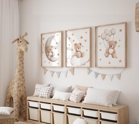 Set of 3 Teddy bear nursery wall art print| Bear nursery Decor| Bear ,Moon, ballon| Nursery child Kids Decor| Baby neutral print| Neutral