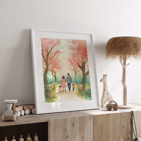 Family Theme Wall Art - Parents and Kids Walking in the Park - Heartwarming Digital Artwork for Instant Download