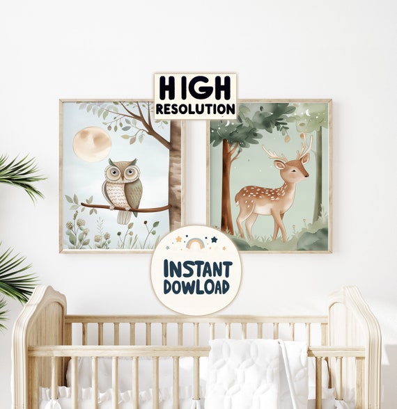 Woodland Nursery Decor - Owl and Deer - Wall Art for Babies and Kid Rooms - Instant Digital Download
