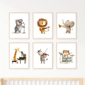 Safari Tiere Musik Thema Wanddekoration - Kinder Musik Wandkunst - Musikalische Poster - Lustige Kinderzimmer Kunst - Geige, Klavier, Schlagzeug, Gitarre und Trompete