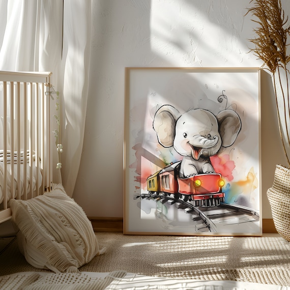 Elephant driving Train Nursery Print | Animal Theme Nursery |  Neutral Room Decor | Kids Decoration | Decor for Nursery | Nursery Gift