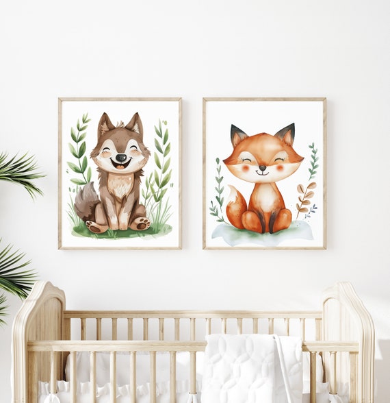 Fox and Wolf Wall Art - Nursery Room Printable Set - Babies and Kids Room Decor - Instant Download
