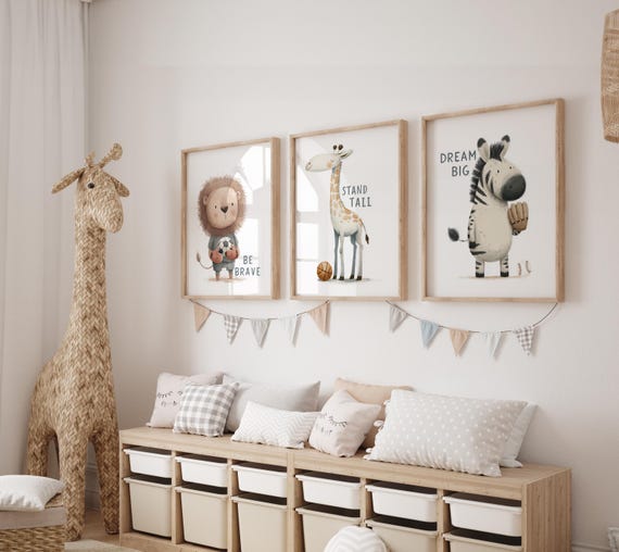 Lion Giraffe and Zebra Affirmations Inspirational Sports Nursery Posters Baseball Glove Basketball and Soccer Goalkeeper Be Brave Stand Tall