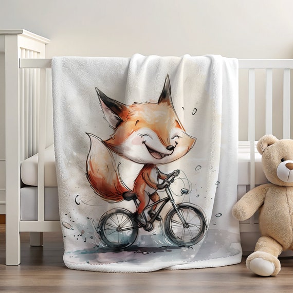 Fox Riding Bike Blanket | Fox Blanket | Bicycle Blanket | Fox Decor | Kids Bedroom Decor | Blanket Throw | Bedding for Toddler