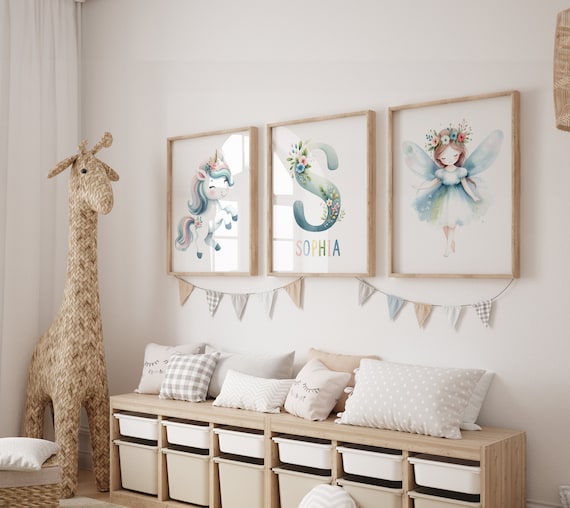 Custom Name Fairy Tale Nursery Printable Set - Children's Room Decor - Fairy, Unicorn and Personalized Name and Letter - Set of 3 Prints