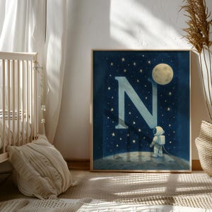 Astronaut Name Art with Moon and Stars: nursery poster, personalized wall art, space lover gift
