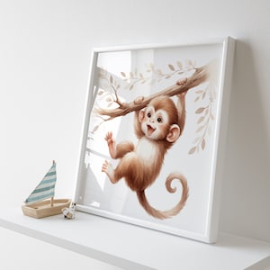 Happy Monkey Hanging on Tree Printable - Fun Nursery Artwork for Kids Bedroom - Instant Download
