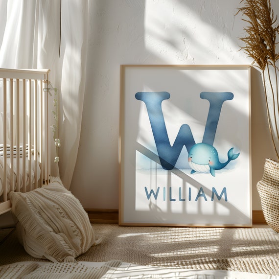 Whale Art - Initial Print and Name Sign - Nursery Artwork - Personalized Children's Present for Boys and Girls