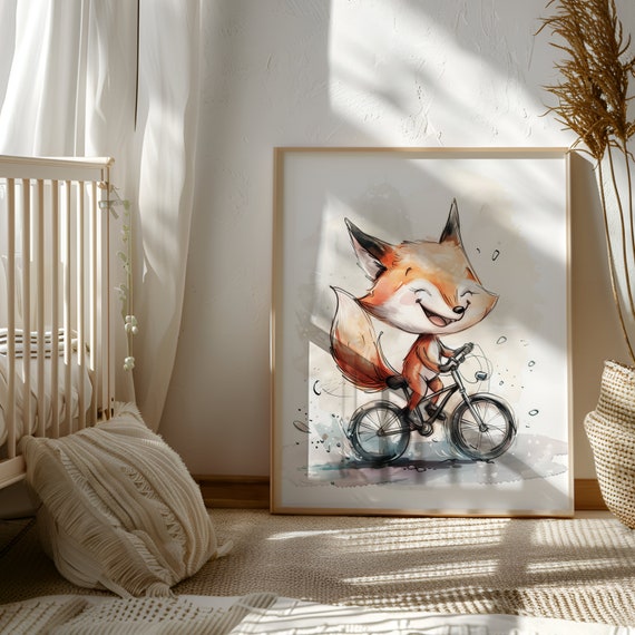 Fox Riding Bike Wall Art | Fox Nursery Art | Fox Printable | Kids Room Decor | Wall Art Gift | Fox Print Nursery | Neutral Baby Gift