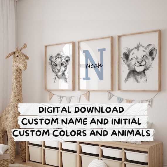 Set of 3 Jungle Animal Nursery Decor Wall Art Print | Personalized name | Safari Nursery Decor | Lion, Tiger | Child Kids Printable