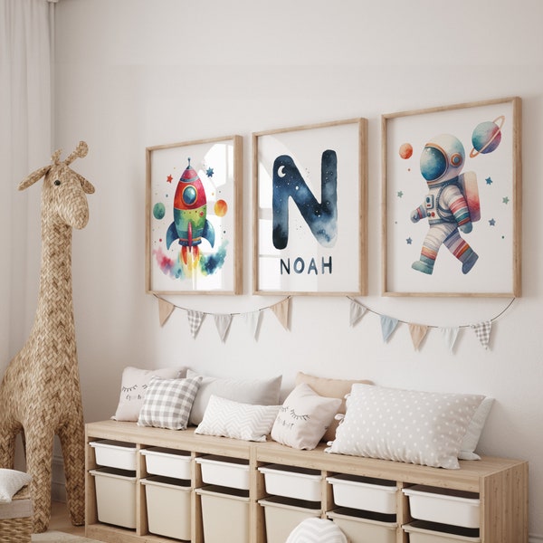 Personalized Nursery Space Theme Posters - Babies, Toddlers and Children - Astronaut, Spaceship and Custom Name and Letter - Set of 3 Prints