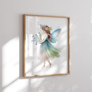 Impressão artística de fada caprichosa para quarto de meninas, pôster de fada sem moldura, estampas verdes e azuis para berçário de meninas, impressão artística em cores suaves