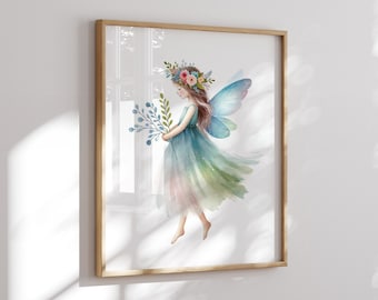 Whimsical Fairy Print Girls Room Art Print Unframed Fairy Poster Green and Blue Prints for Girl Nursery Soft Colors Art Print