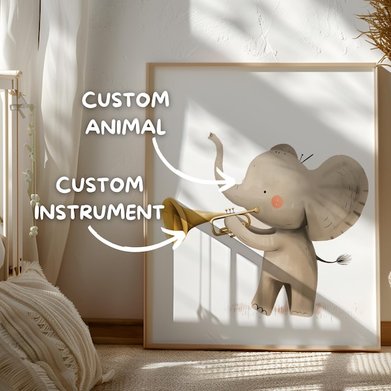 Animal Play Instrument - Custom Kids Artwork - Trumpet Art - Custom Elephant Gifts - Elephant with Trunk Up - Elephant Personalized