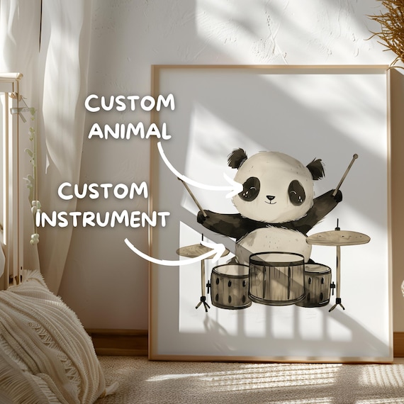 Custom Animal Print - Personalized Music Gift - Panda Nursery Prints - Drums Wall Art - Music Nursery Decor - Musical Instruments Wall Art