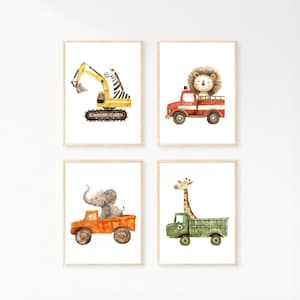 Set of 4 Construction Vehicle Prints, Kids Gallery Wall Set, Truck Wall Art, Fire Truck Print Nursery, Watercolor Painting, Dump Truck Decor