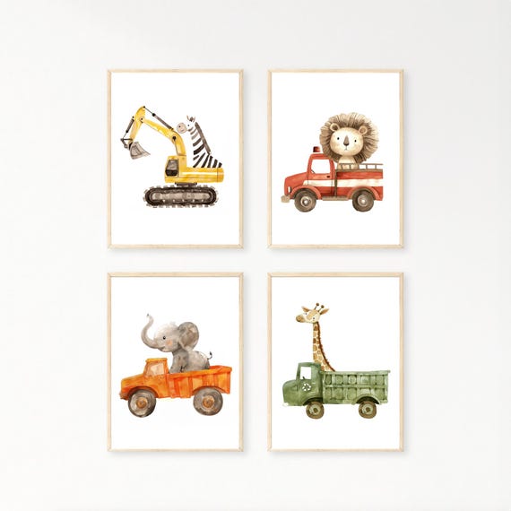 Set of 4 Construction Vehicle Prints, Kids Gallery Wall Set, Truck Wall Art, Fire Truck Print Nursery, Watercolor Painting, Dump Truck Decor