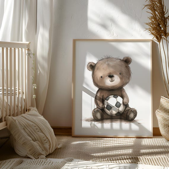 Bear with Soccer Ball Printable - Soccer Theme Gift - Bear Wall Art - Soccer Bear Digital Art - Soccer Animal for Baby Room - Teddy Bear