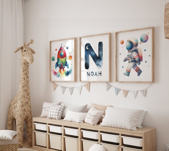 Space Theme Nursery Custom Posters - High Quality Paper - Astronaut, Spaceship and Custom Name and Initial - 3 Print Set