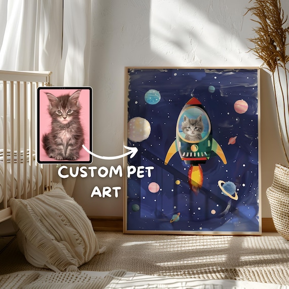 Custom Pet Portrait from Photo - Personalized Cat Gift, Digital File or Printed Poster - Unique Personalized Pet Gift - Cat Spaceship