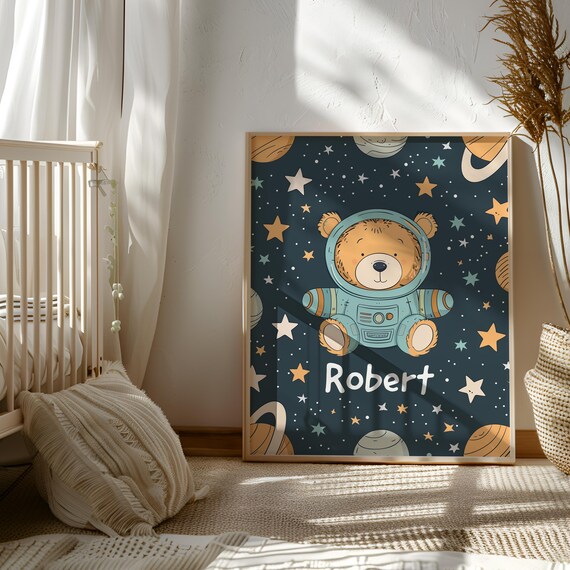 Personalized Nursery Print - Space Animal Print - Space Bear Poster - Cute Outer Space Decor - Blue Space Artwork - STEM Theme Toddler Room