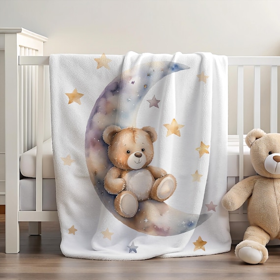 Teddy Bear Blanket | Moon and Stars Blanket | Moon Blanket | Teddy Bear with Moon and Starts | Calm Theme Blanket | Relaxing Blanket