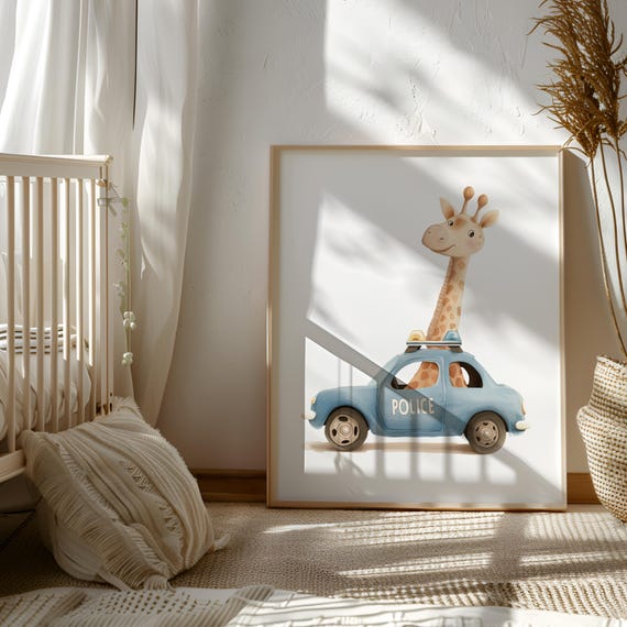 Giraffe Police Printable - Digital Download for Baby Room - Emergency Vehicle with Animals - Animals doing Funny Things Giraffe Cop Wall Art