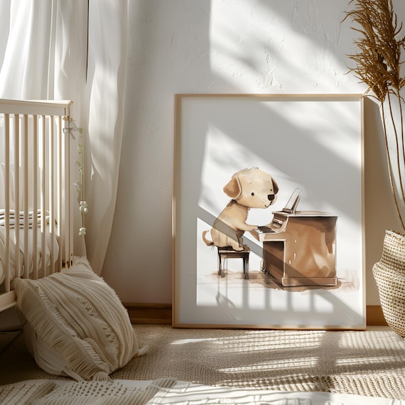 Piano Dog Digital Art - Piano Theme Art Download - Piano Child Gift - Gift for Piano Player Baby - Printable Piano Lover Art - Piano Nursery