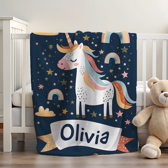 Personalized Unicorn Blanket for Kids, Custom Name Nursery Fleece for Newborn, Monogram Name Christmas Gift, Birthday for Daughter