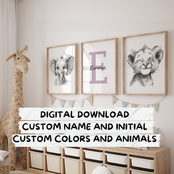Custom Set of 3 Safari Animal Nursery Decor Wall Art Print Personalized Name Jungle Nursery Decor Lion Elephant Giraffe Child Kids Printable