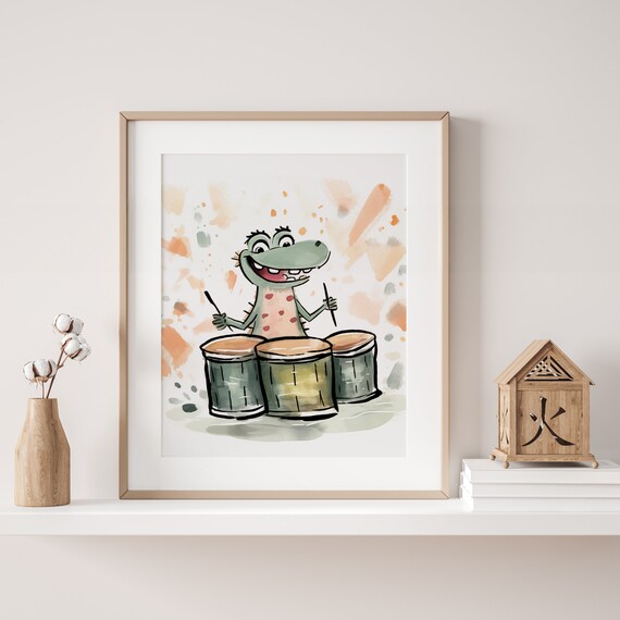 Drumming Crocodile - Baby Room Decoration with a Music Theme - Unframed Wall Art - For New Parents and Friends