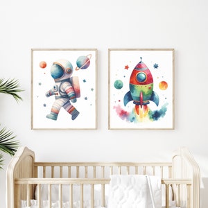 Juego de impresiones espaciales / Tema del espacio exterior / Impresión de astronauta / Juego de 2 impresiones para guardería / Decoración de habitación infantil / Decoración para habitación de bebé / Póster espacial