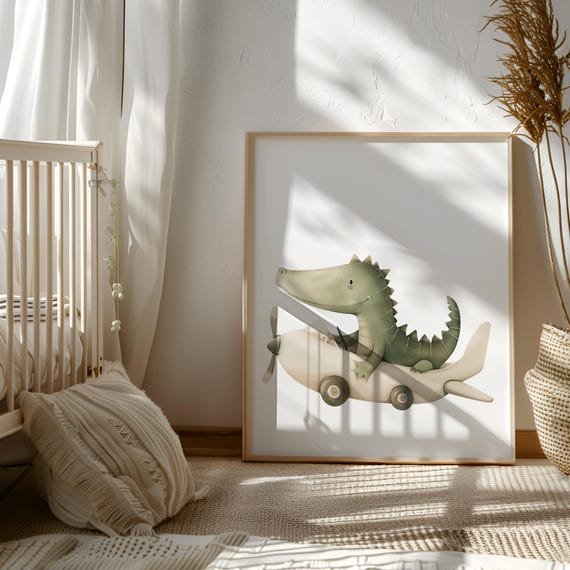 Crocodile Pilot Nursery Art - Plane Lover Gift for Kids - Animal and Plane PNG - Flying Theme Nursery - Baby Room Decor - Decoration baby