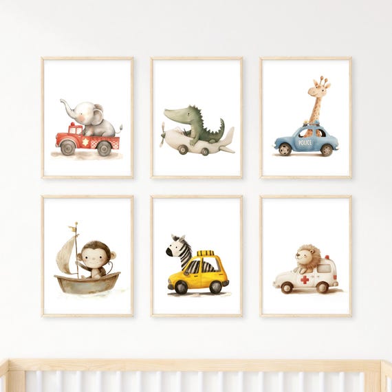 Car wall art, Set of 6, Car nursery decor, Vehicle wall art, Car print for boys room, nursery wall art, Car nursery prints,