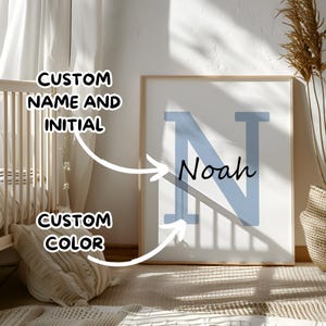 Letrero con nombre para recién nacido, letrero para bebé para guardería, impresión personalizada con nombre de niño, decoración de guardería con acuarela azul para bebé, arte de pared imprimible para bebé niño, nombre del bebé