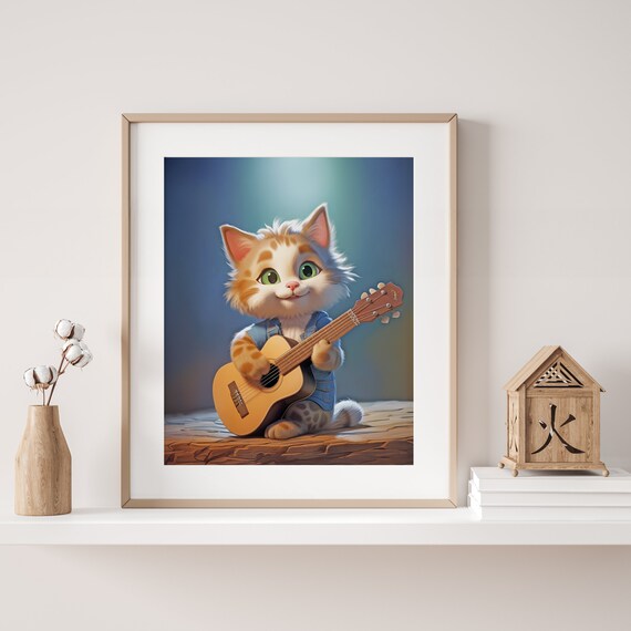 Cat Playing Guitar | Music Theme Gifts | Musical Animals | Music Nursery Decor | Animals Playing Instruments | Musical Gifts for Kids