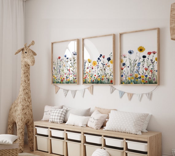 Floral Watercolor Print Set Of 3, Wildflower Field Wall Art, Printable Colorful Flower Artwork, Digital Download